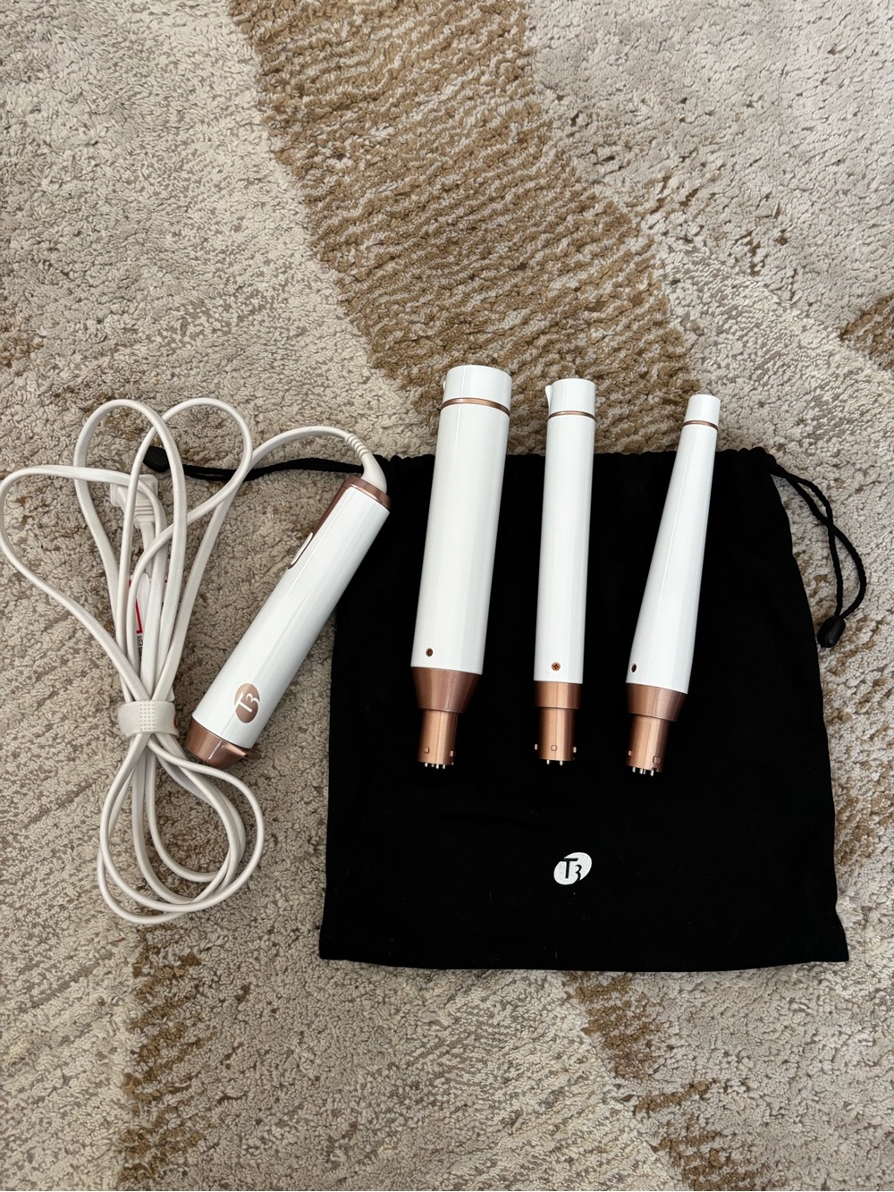T3 White and Rose Gold Interchangeable Curling Wand Set